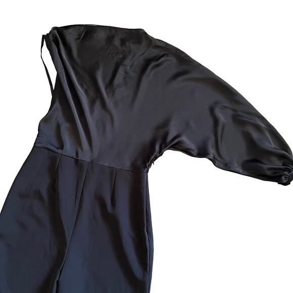 ASOS One Shoulder Jumpsuit 8 MED Black Satin Flare Cowlneck Wide Leg Going Out - Picture 8 of 11